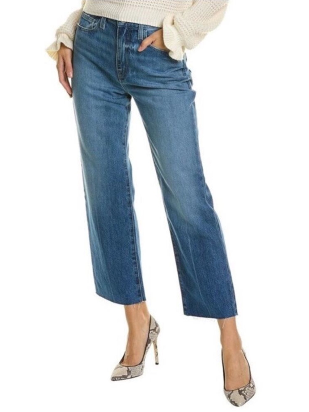 Frame Le Jane Crop High-Rise Raw Fray Hem Straight Leg Denim Jeans Cotton Sz 32 - Picture 1 of 15
